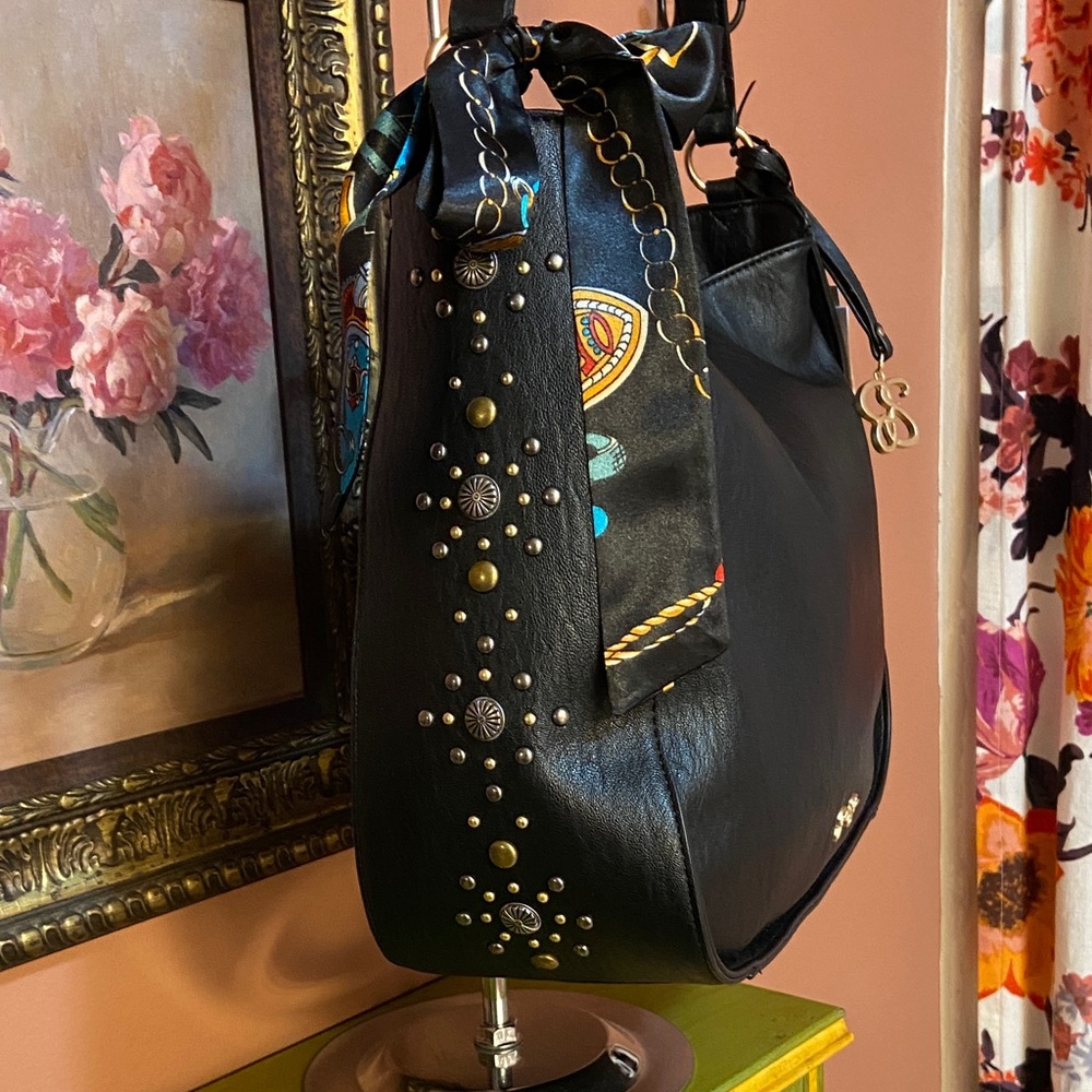 Jessica Simpson NWT Black Faux Leather Shoulder Hobo Bag with Scarf - Picture 3 of 11